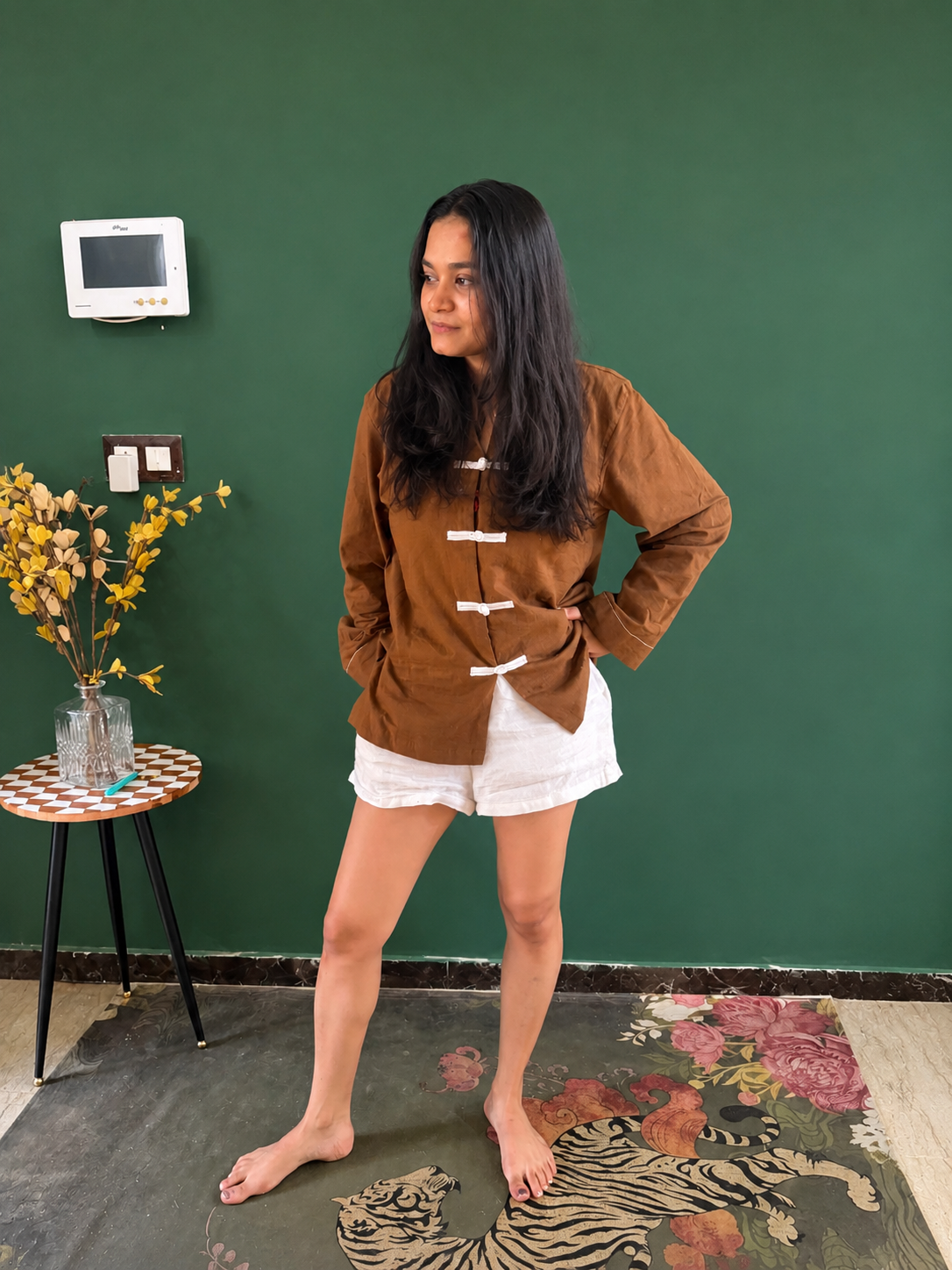 Brown Mandarin Shirt-Short Twinning Set