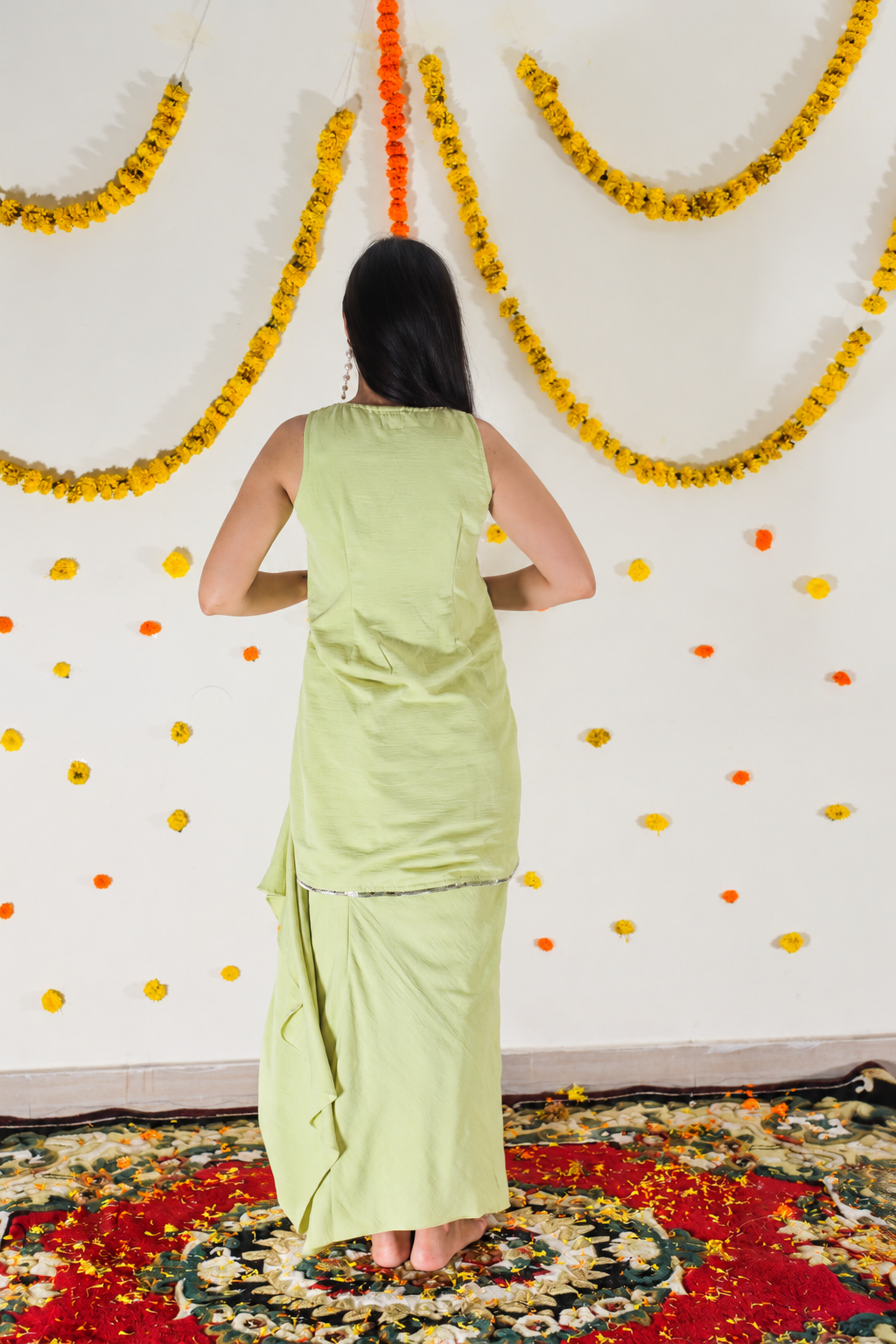 Lime Green Draped Skirt Twinning set