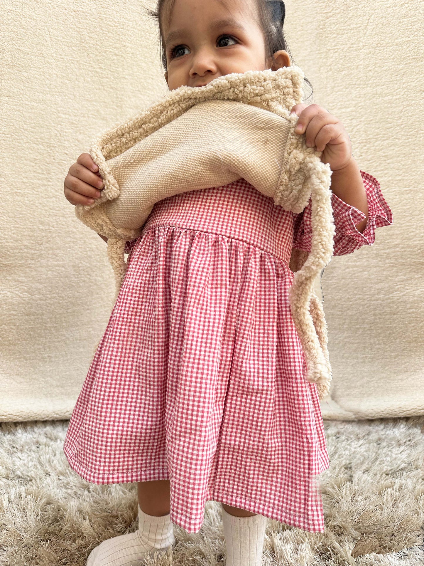 Red Checked dress with Fleece Vest