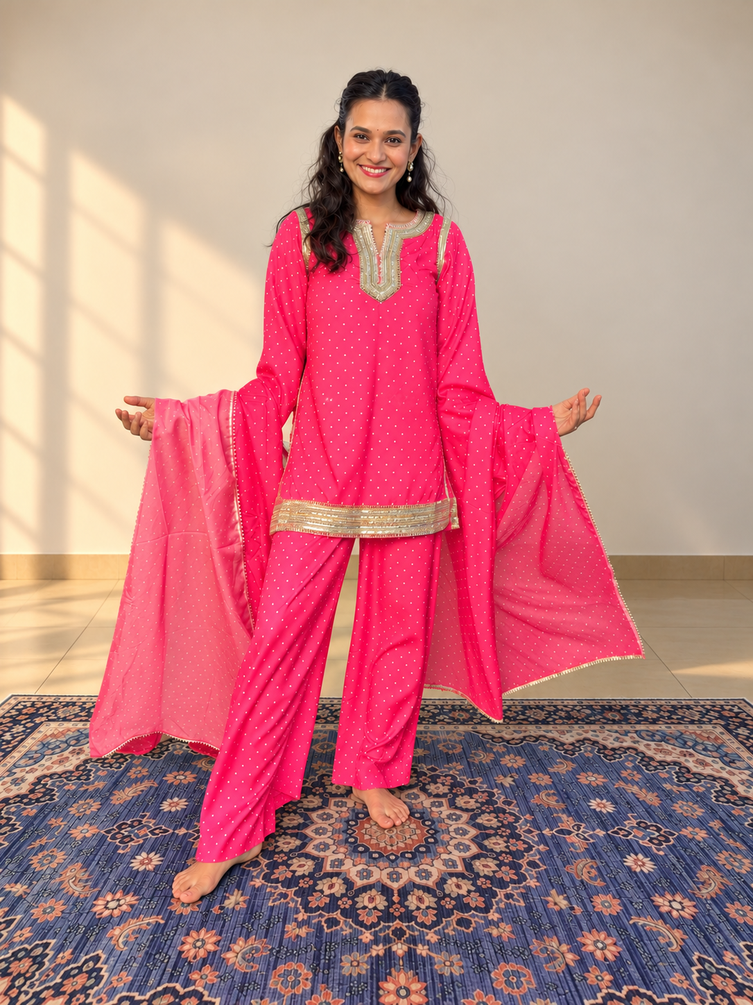 Pink Bandhani Short Kurta Twinning set