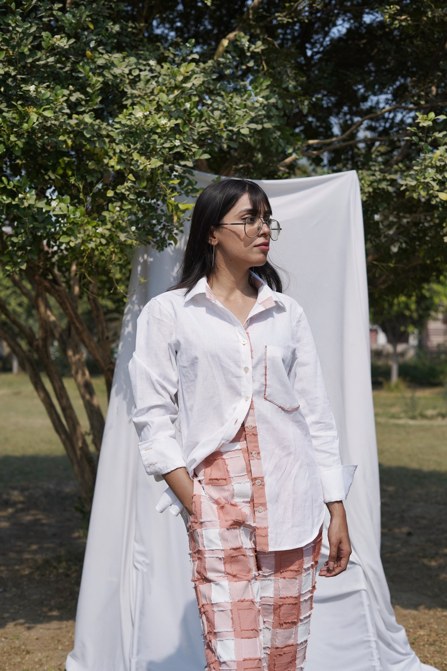 Peach Checked Dress Twinning Set