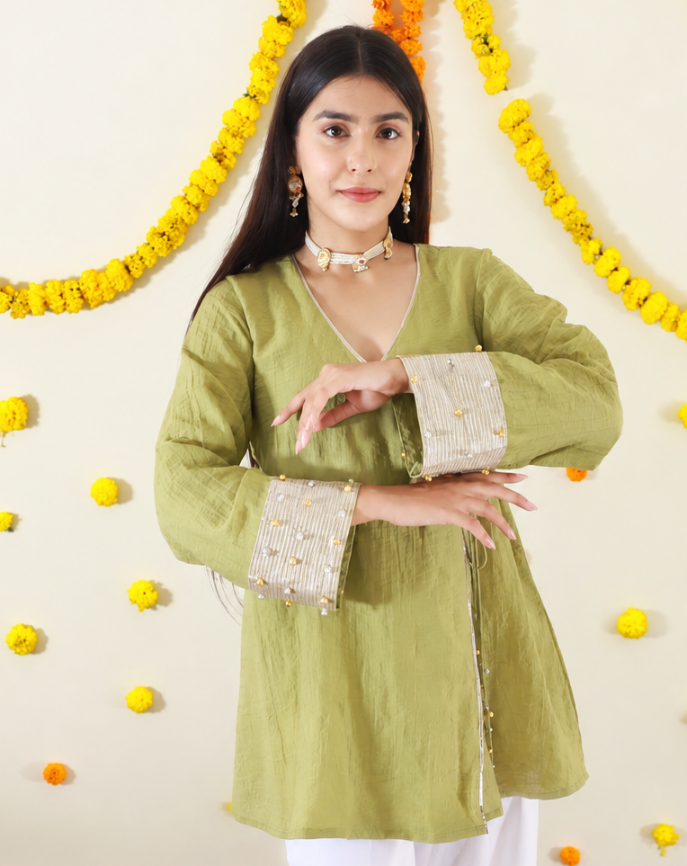 Green Angrakha Kurta Tulip set