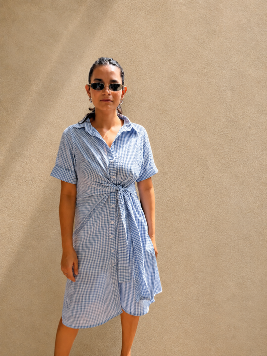 Blue Ginghan Tie-up Dress