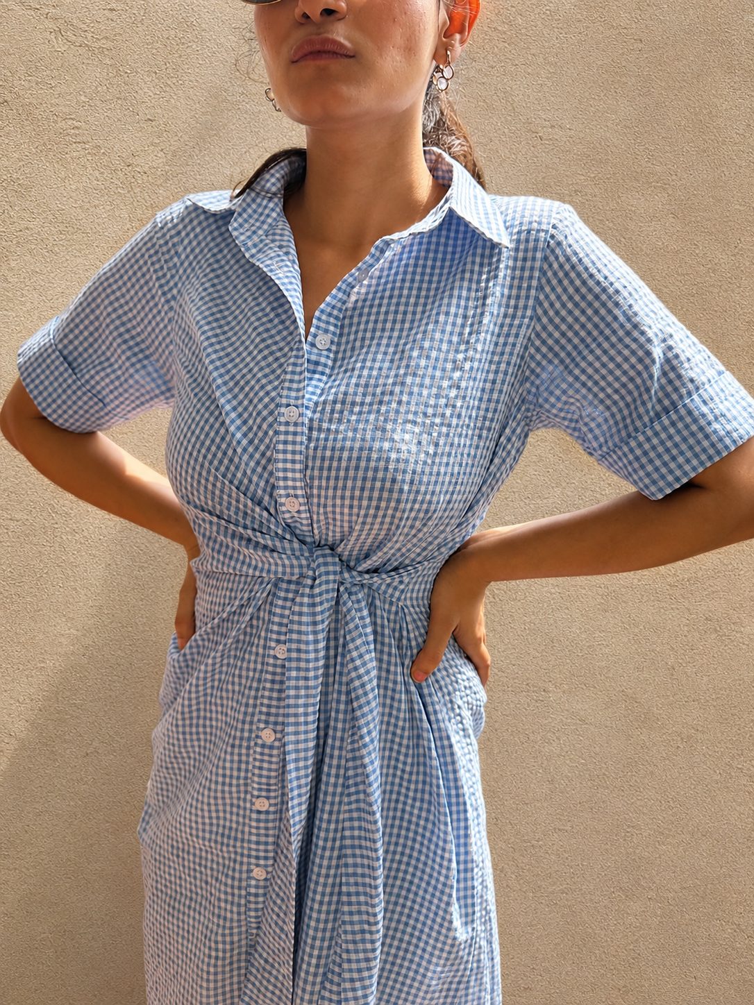 Blue Ginghan Tie-up Dress