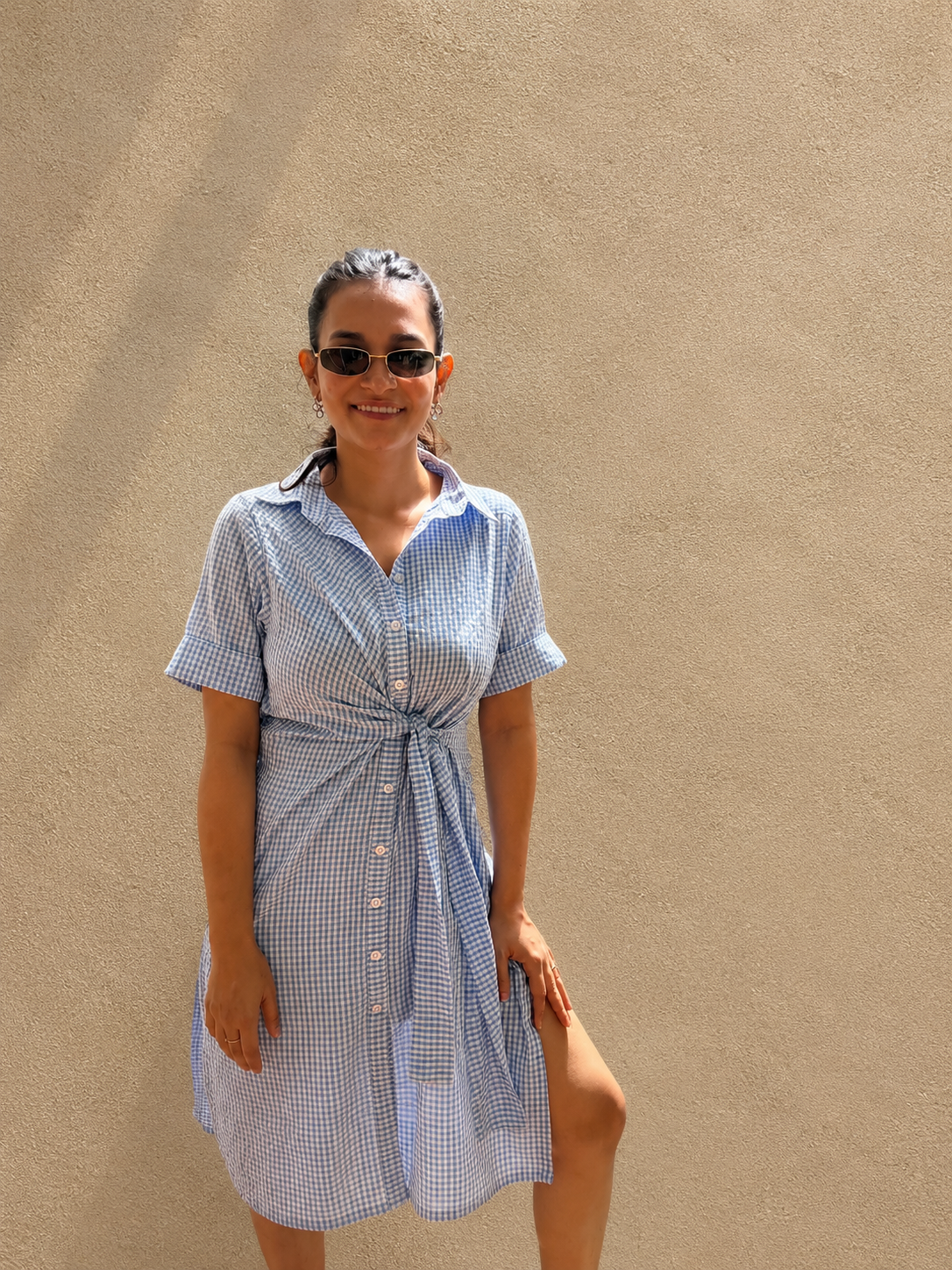 Blue Ginghan Tie-up Dress