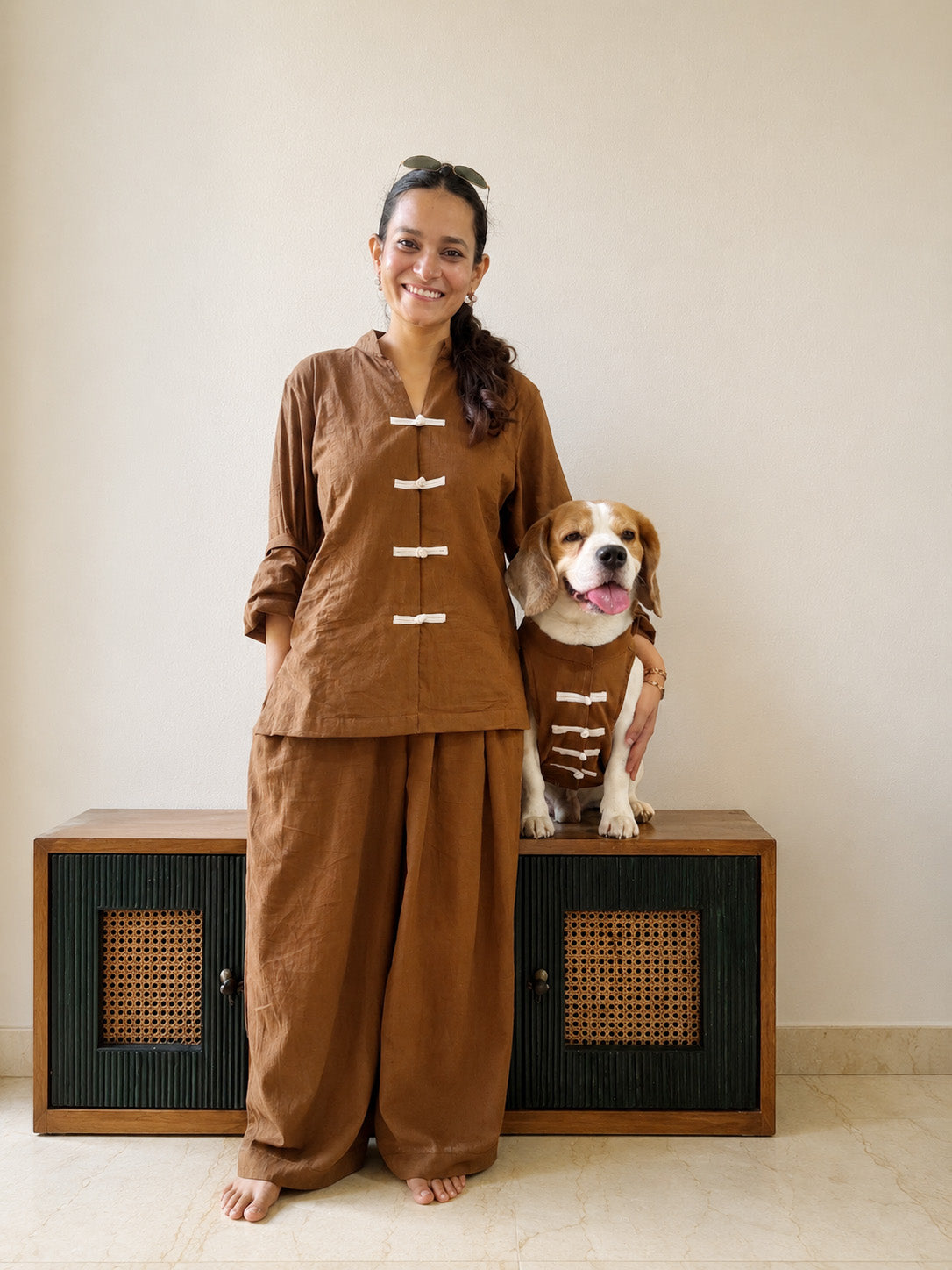 Brown Mandarin Shirt Twinning Set
