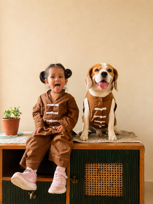 Brown Mandarin Shirt Twinning Set