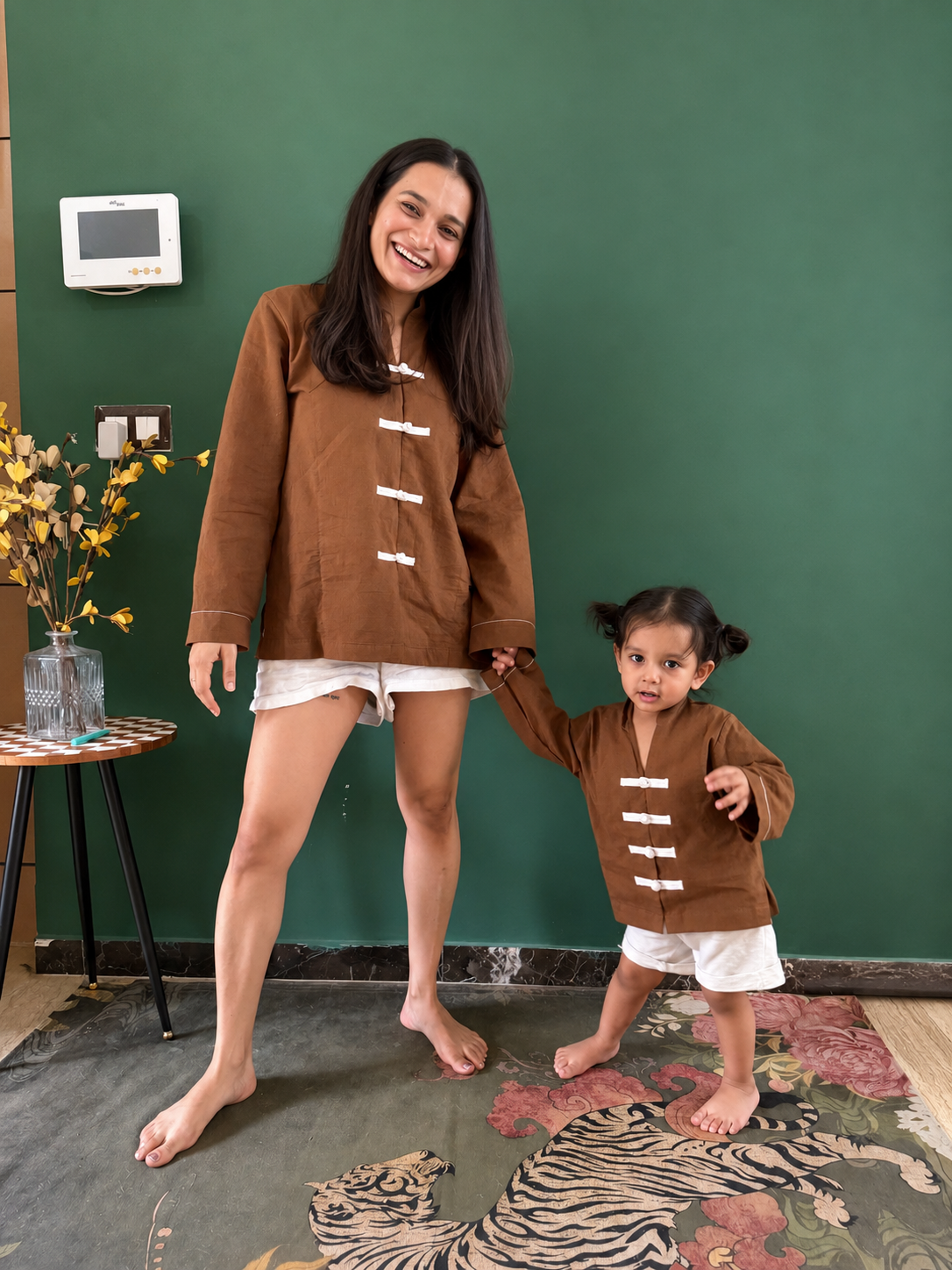 Brown Mandarin Shirt-Short Twinning Set