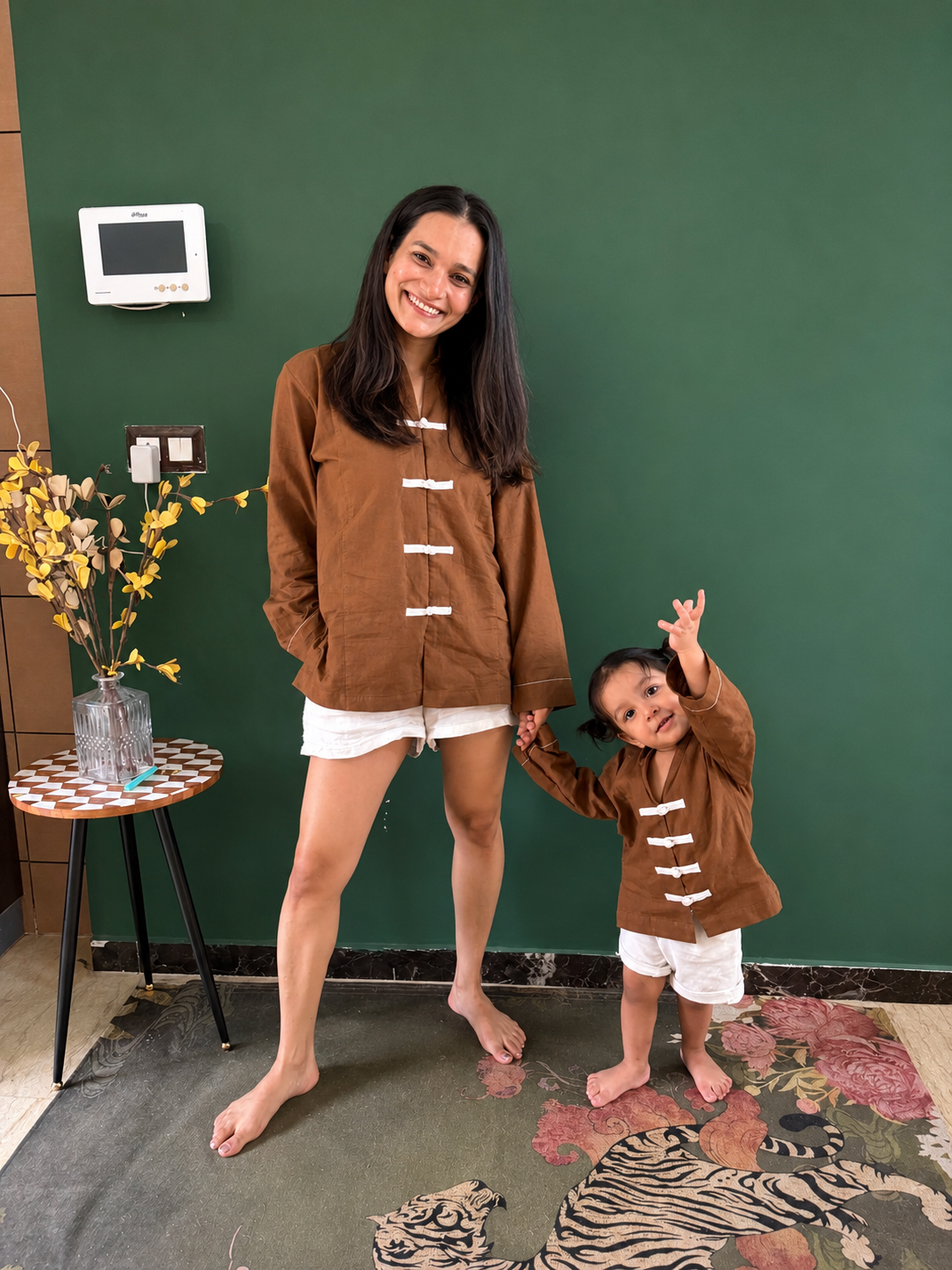 Brown Mandarin Shirt-Short Twinning Set
