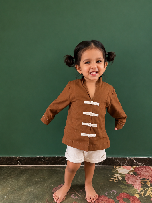 Brown Mandarin Shirt- Short Co-ord
