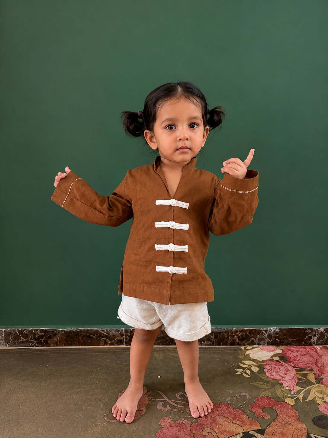 Brown Mandarin Shirt- Short Co-ord