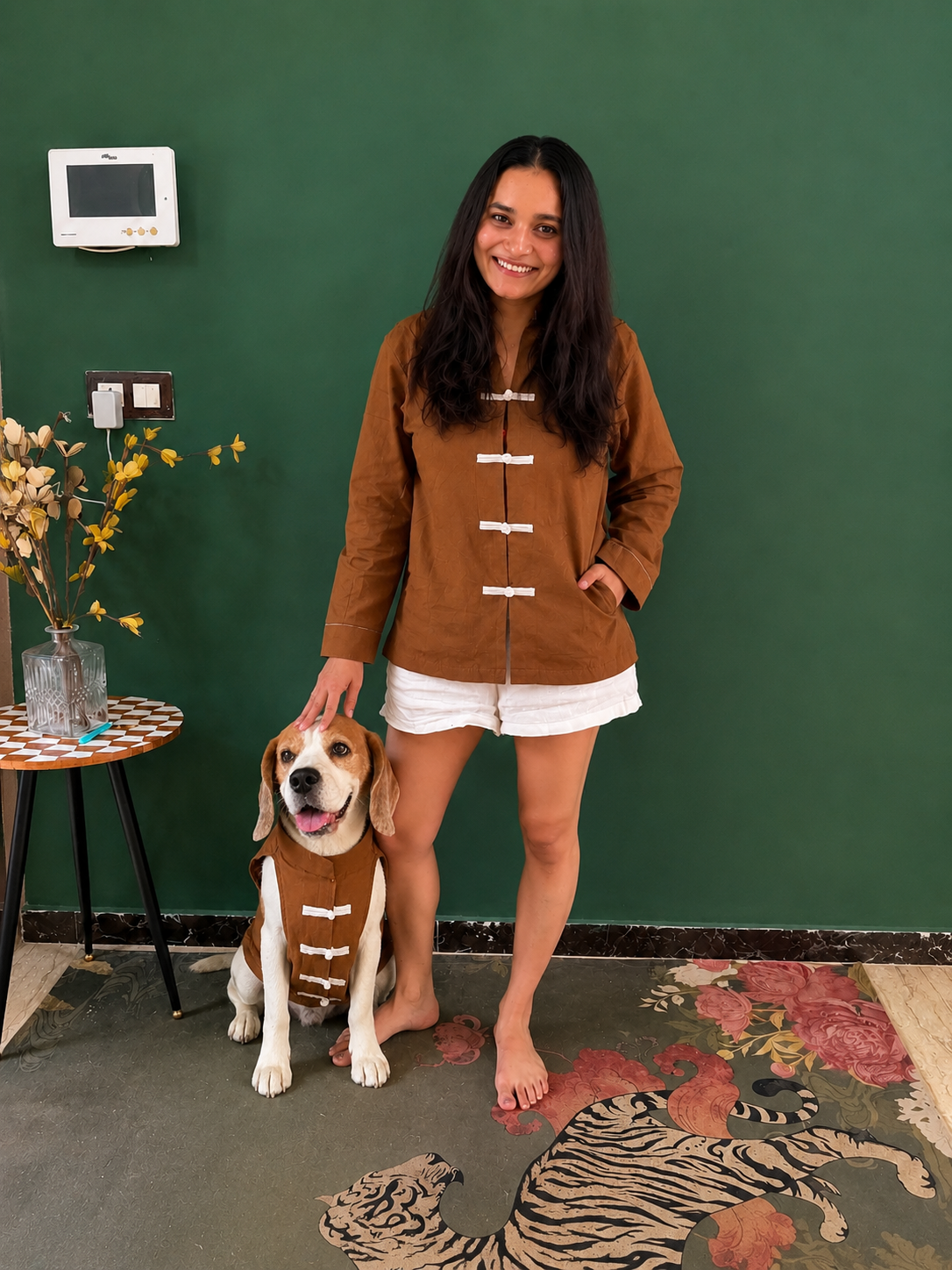 Brown Mandarin Shirt-Short Twinning Set