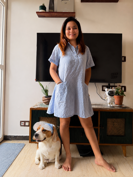 Blue Checked Cap Twinning set