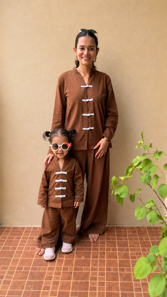 Brown Mandarin Shirt Twinning Set