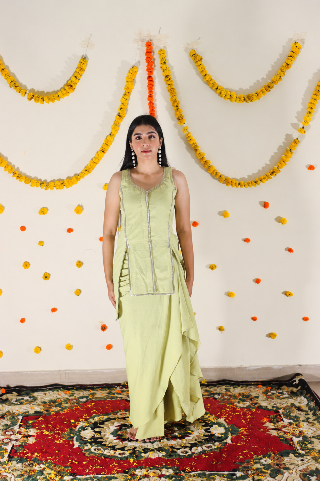 Lime Green Draped Skirt Twinning set