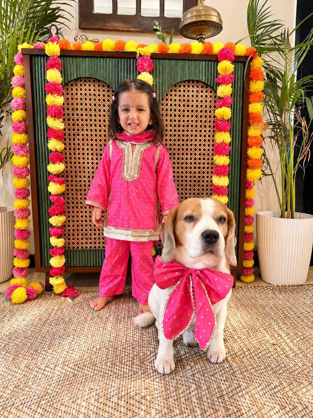 Pink Bandhani Kurta Bow Twinning set