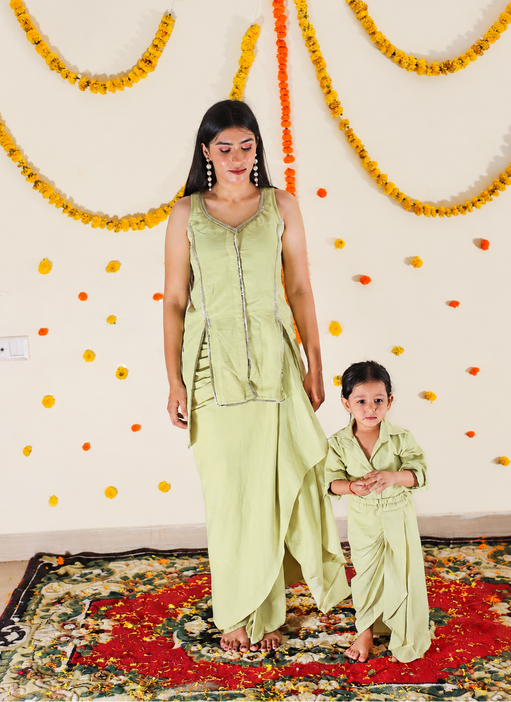 Lime Green Draped Skirt Twinning set