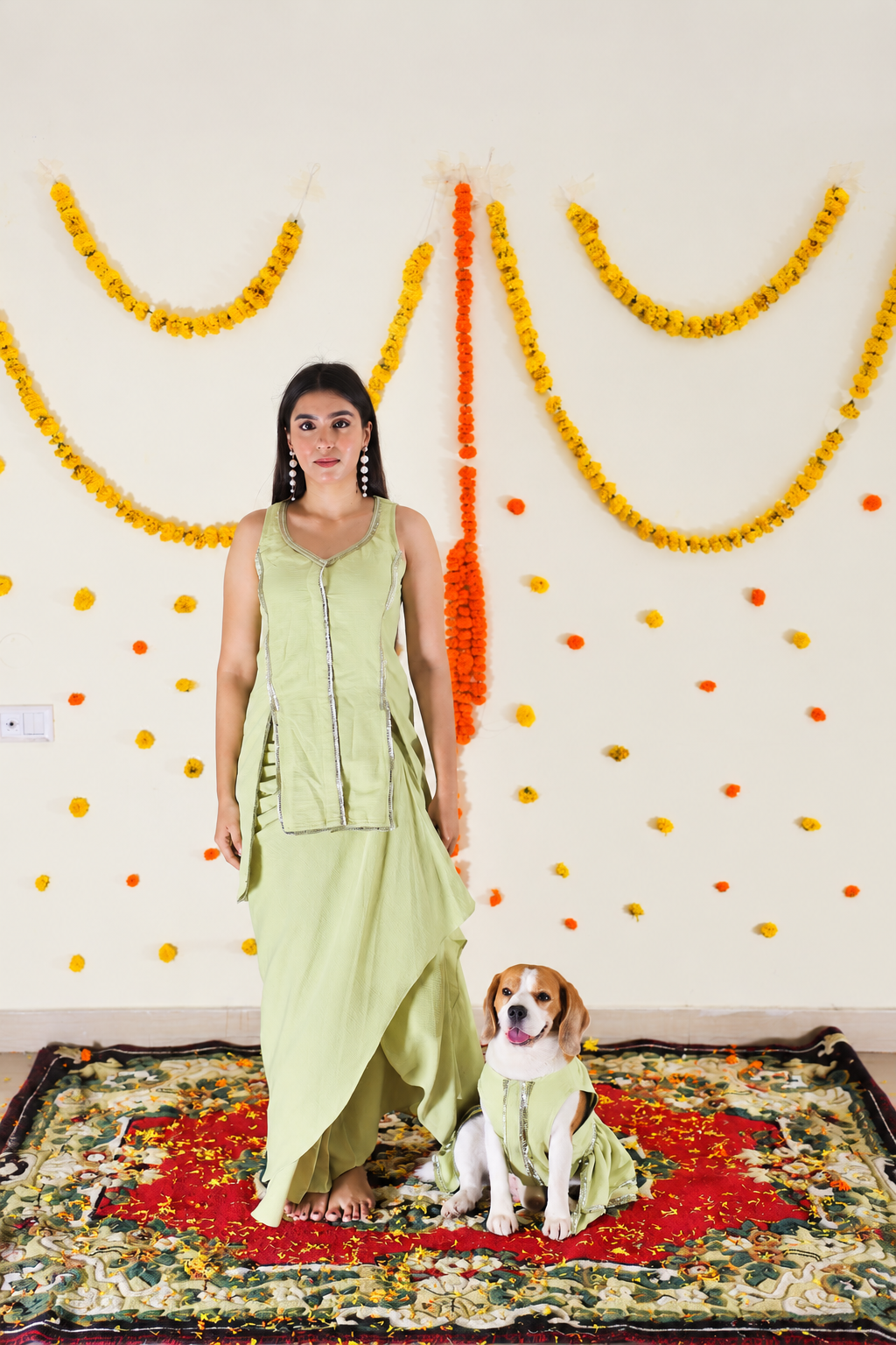 Lime Green Draped Skirt Twinning set