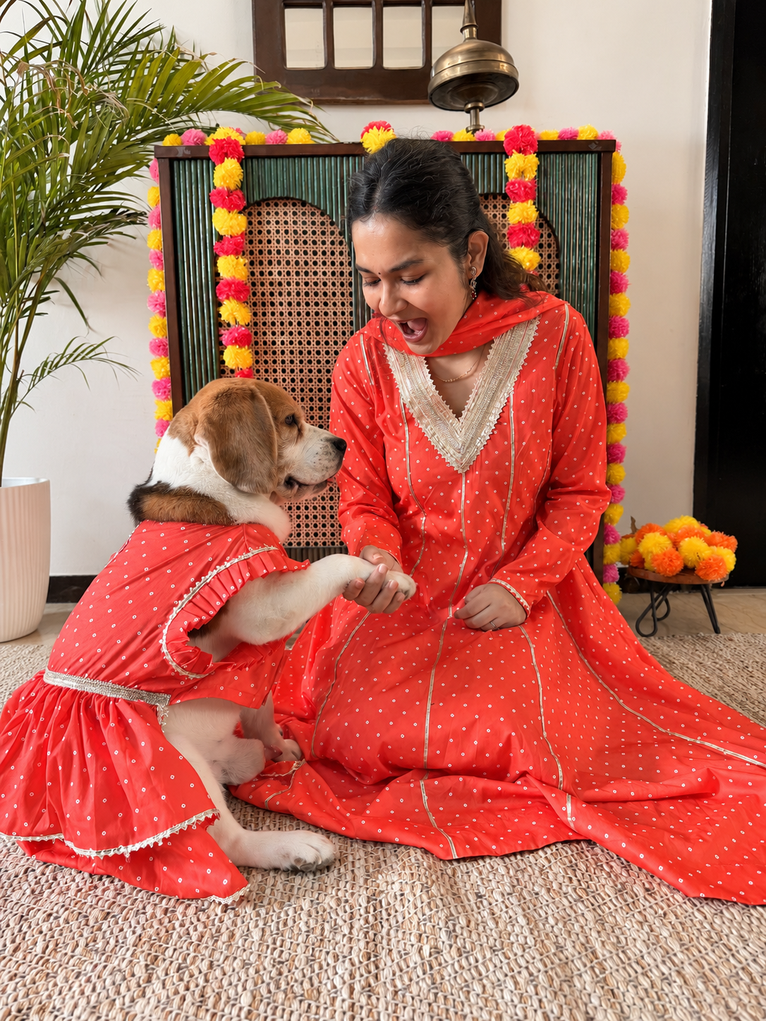 Orange Bandhani Anarkali Dress Twinning set