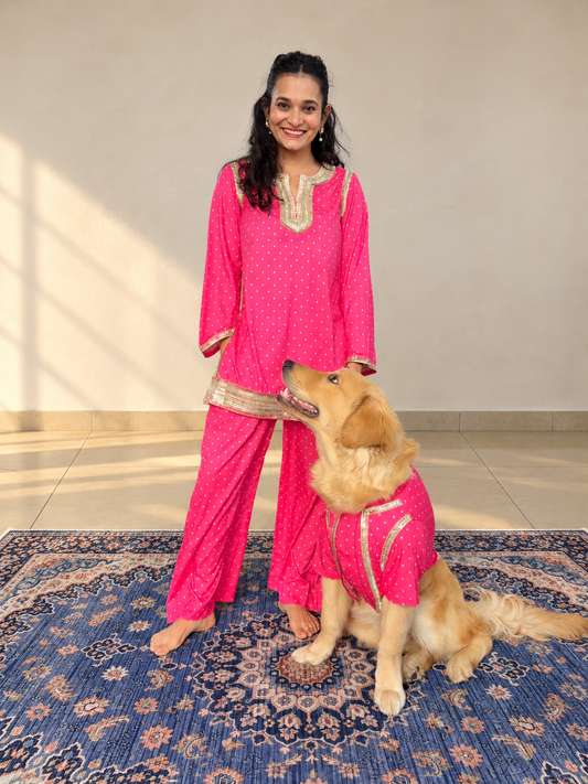 Pink Bandhani Short Kurta Twinning set