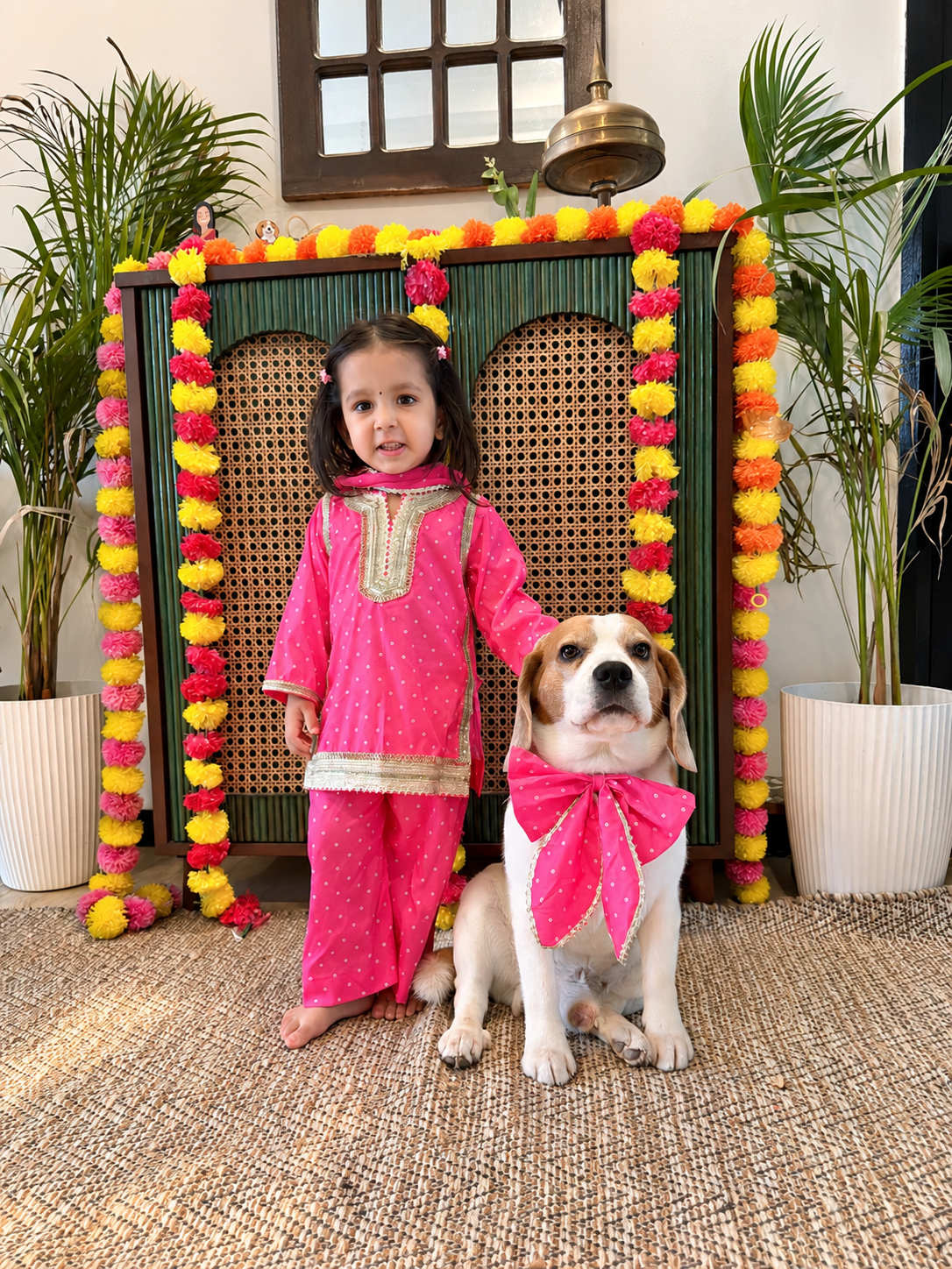 Pink Bandhani Kurta Bow Twinning set