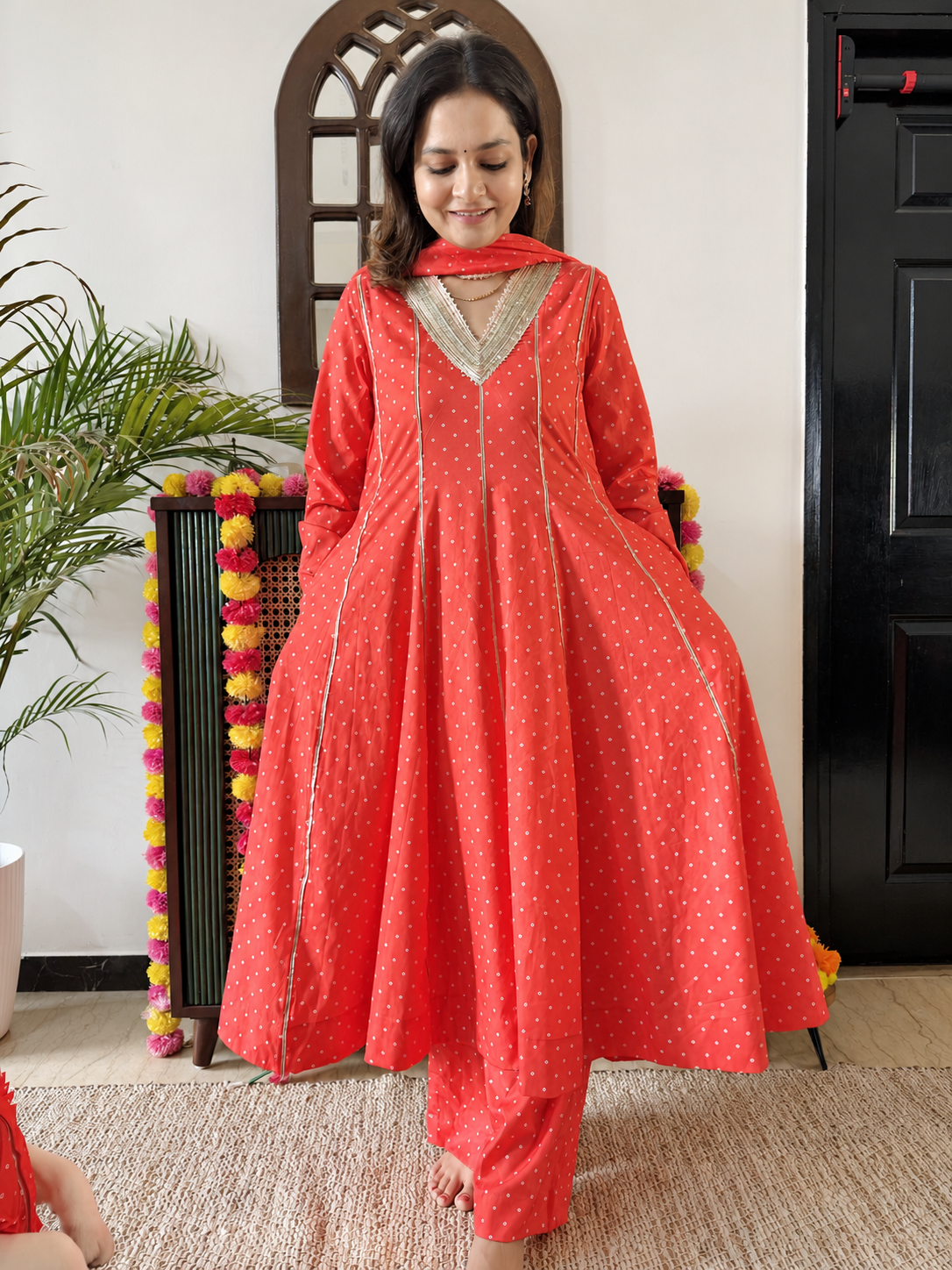 Orange Bandhani Anarkali Dress Twinning set