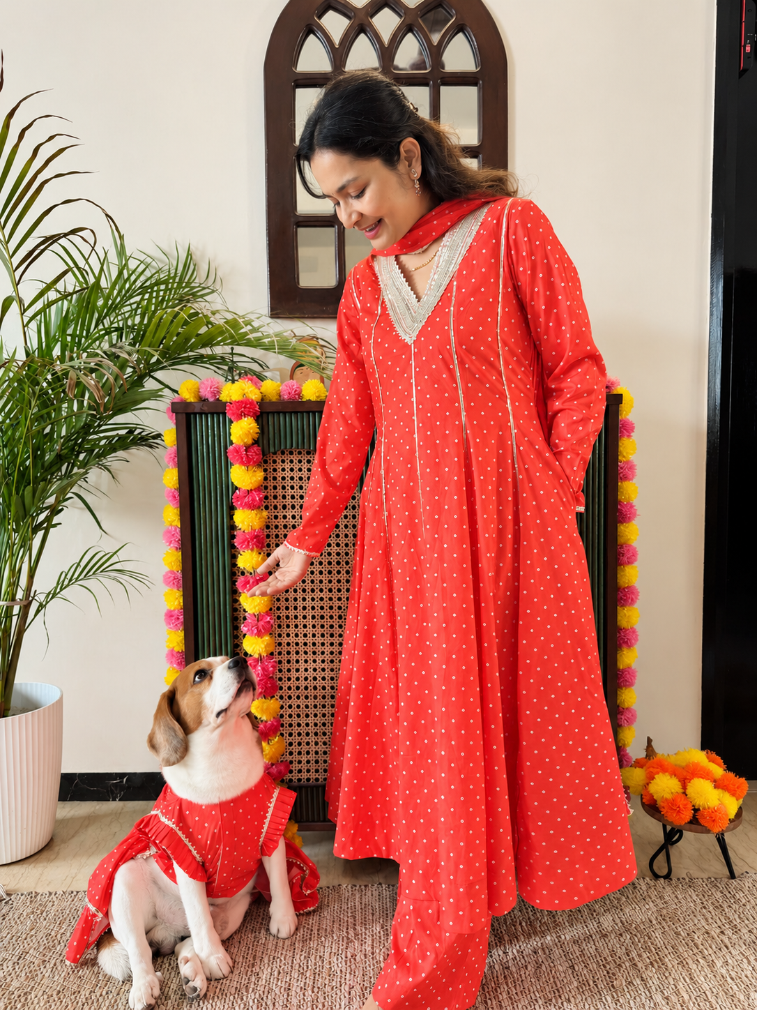 Orange Bandhani Anarkali Dress Twinning set