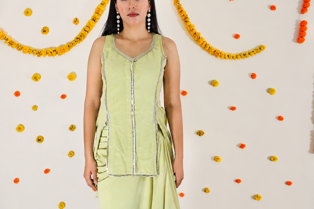 Lime Green Draped Skirt Twinning set