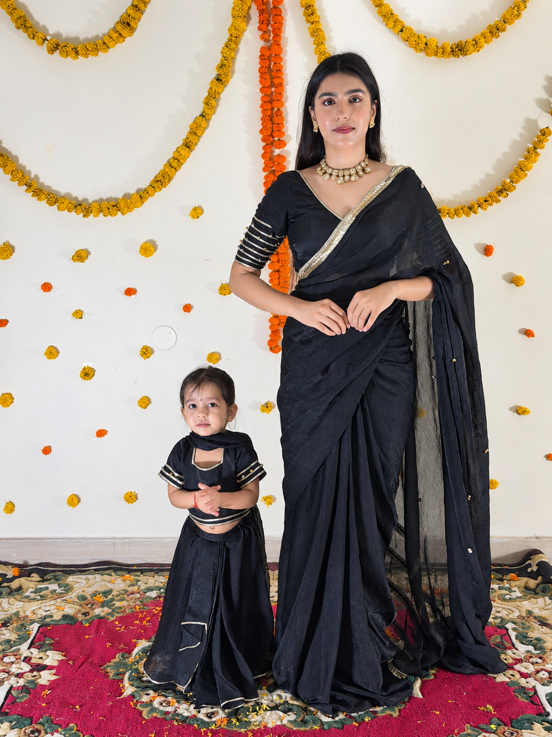 Black Pre-Draped Saree Twinning set