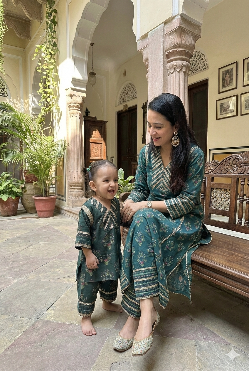 Green Floral Print Pakistani Kurta Twinning set