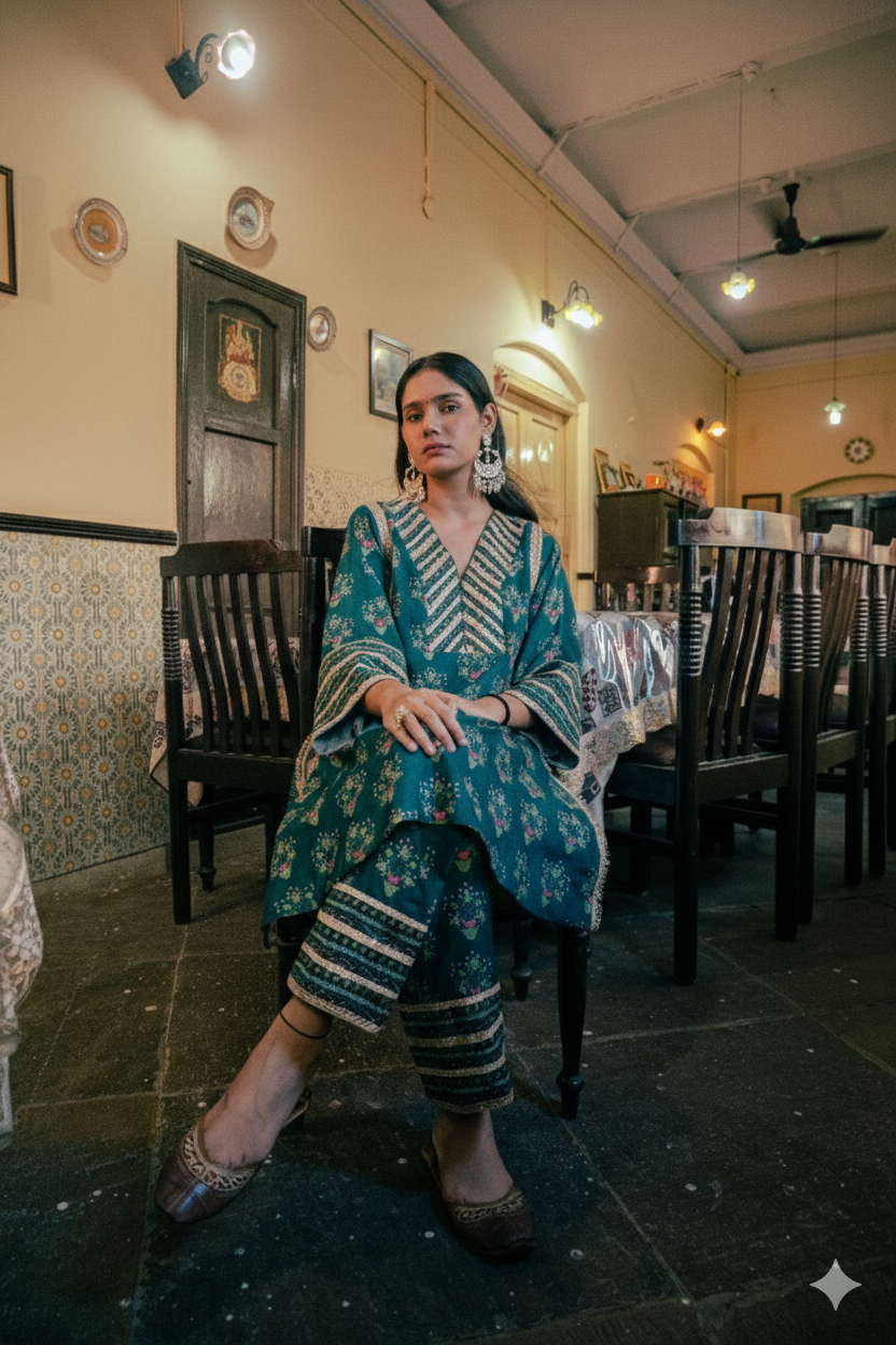 Green Floral Print Pakistani Kurta Twinning set