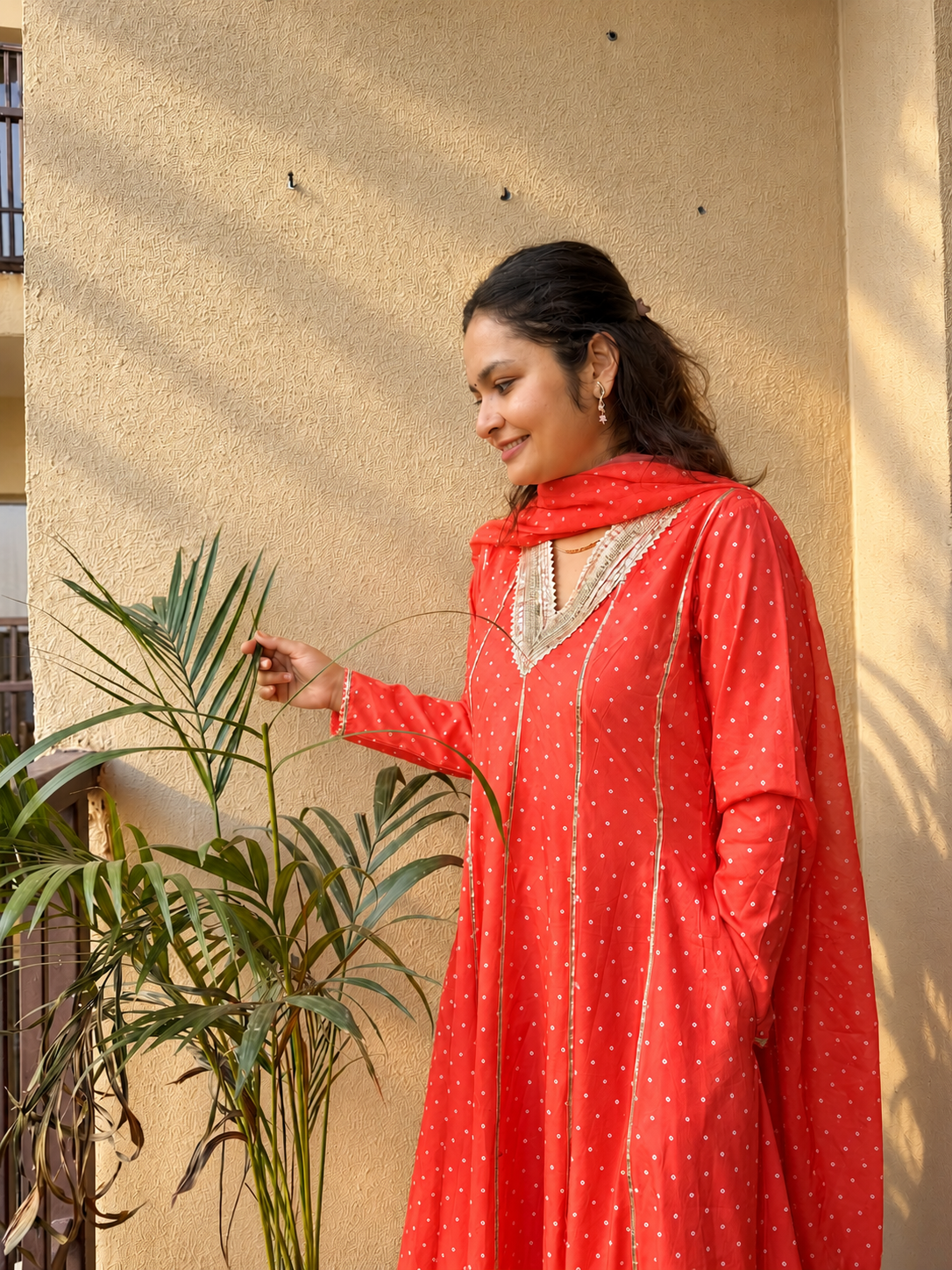 Orange Bandhani Anarkali Dress Twinning set