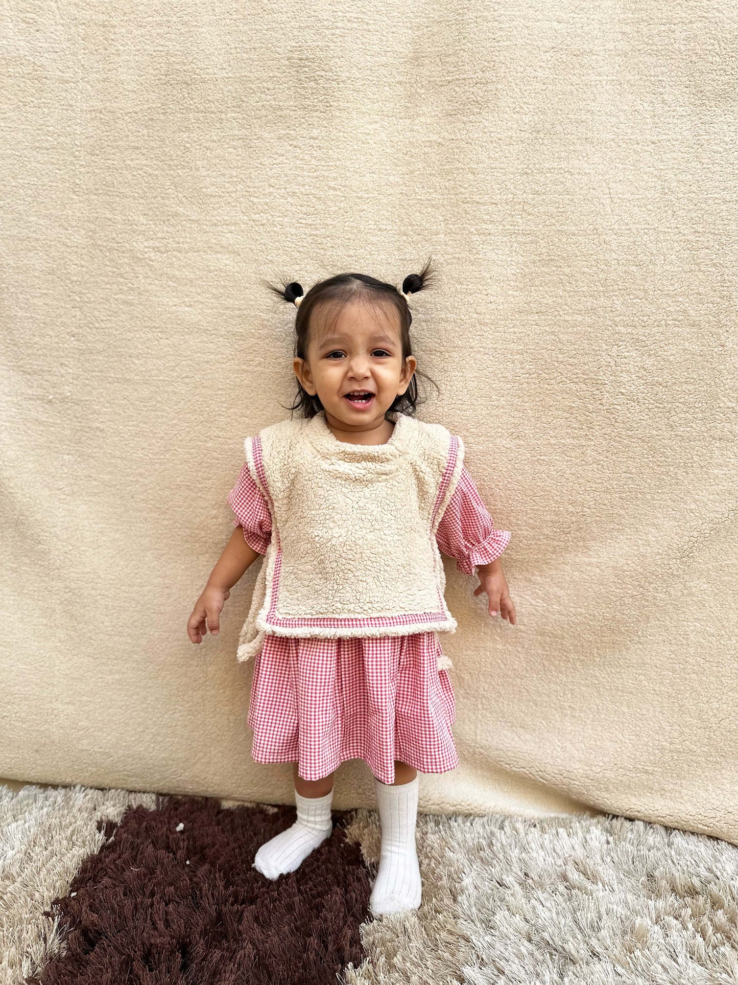 Red Checked dress with Fleece Vest