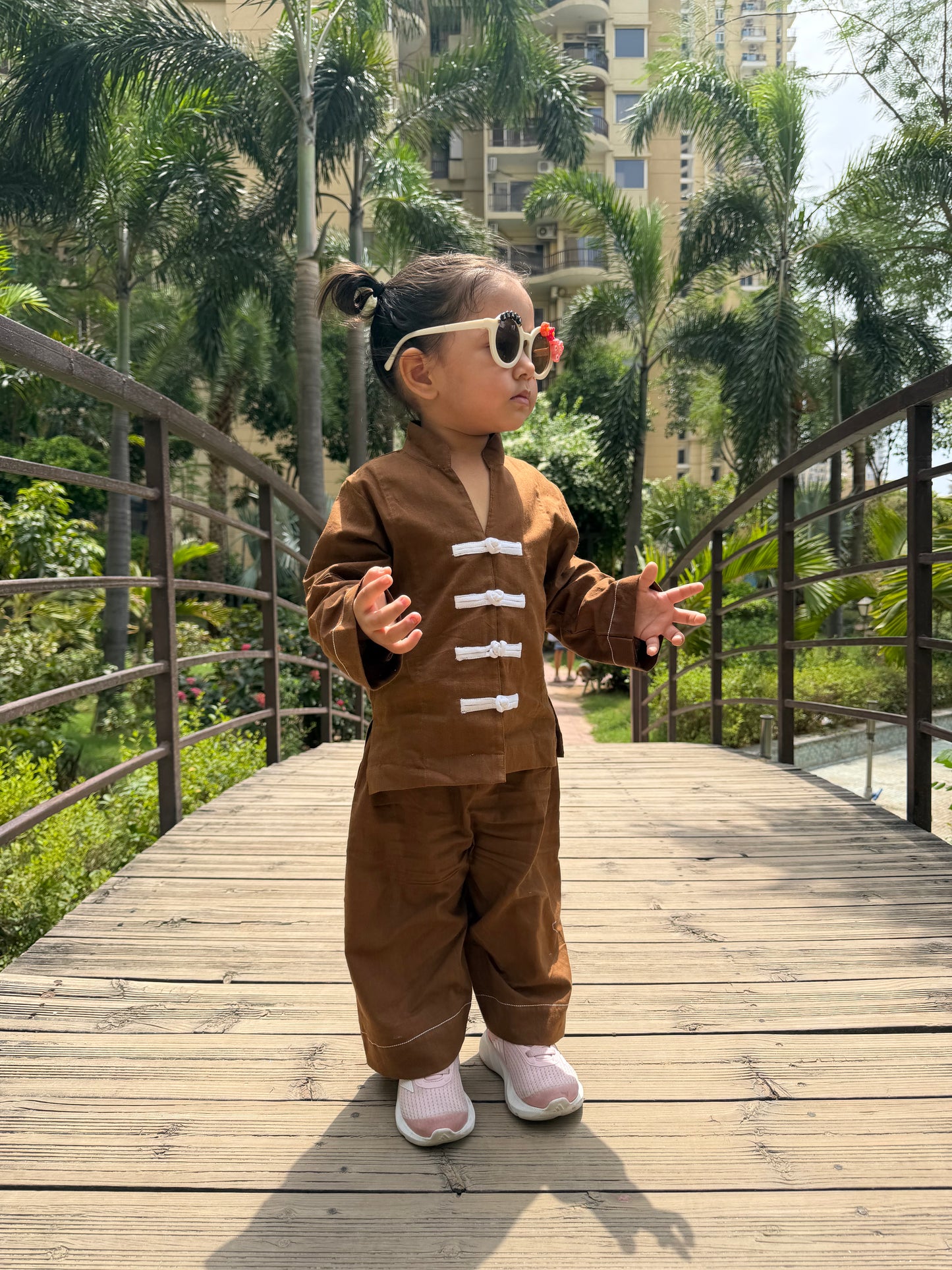 Brown Mandarin Shirt Twinning Set