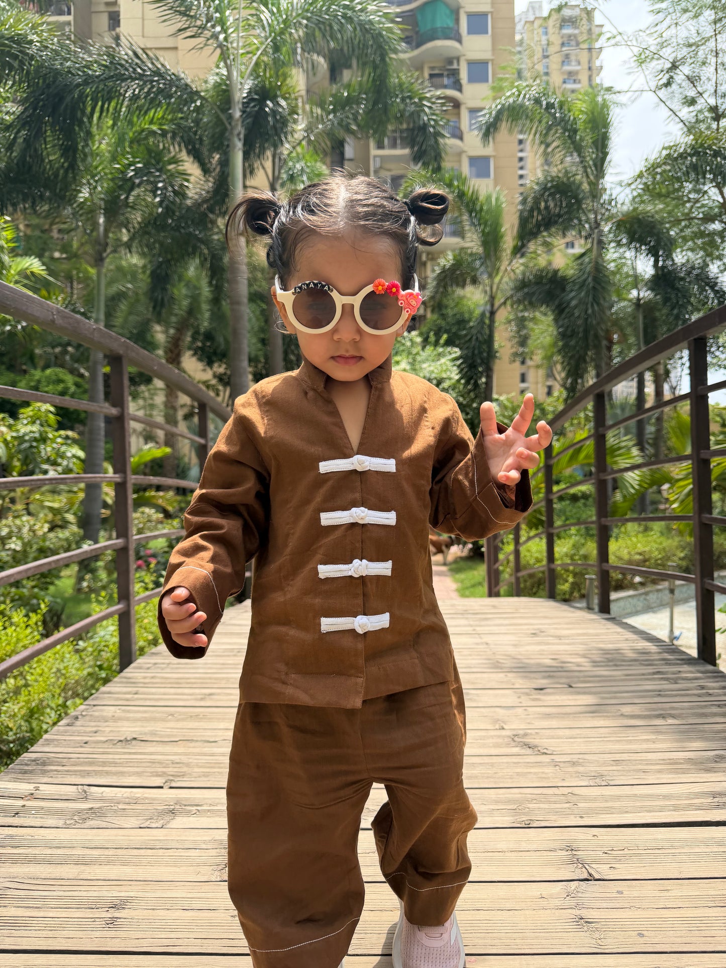 Brown Mandarin Shirt Twinning Set