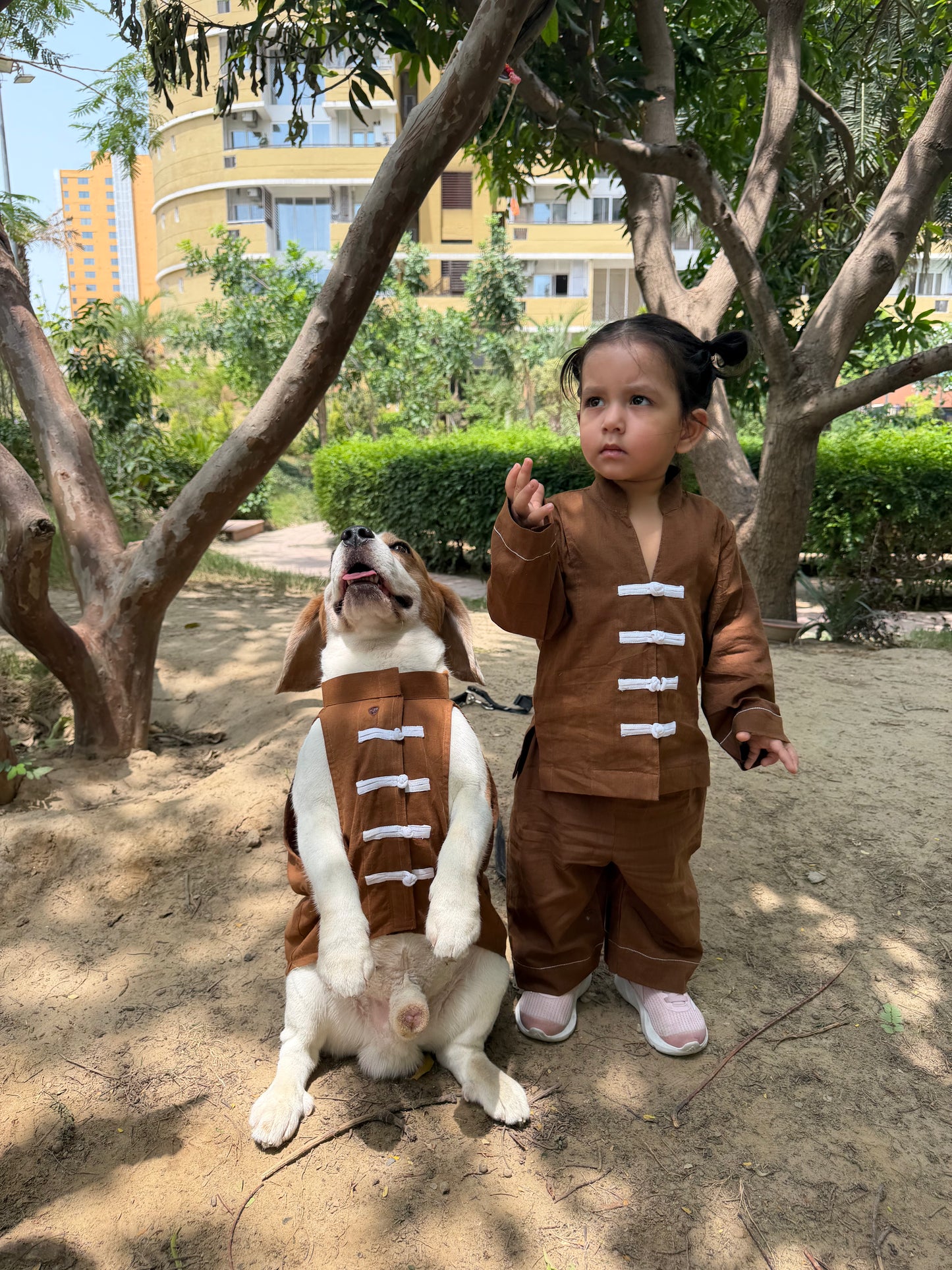Brown Mandarin Shirt Twinning Set