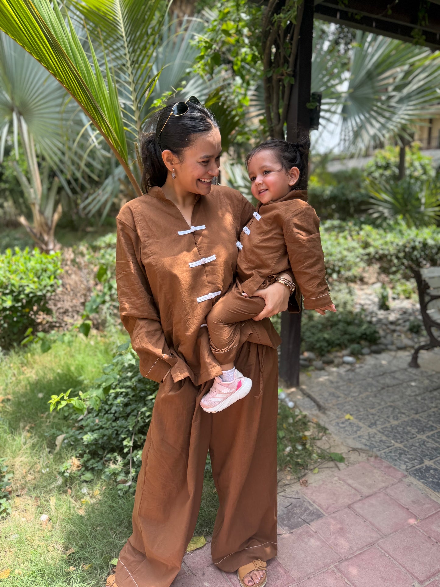 Brown Mandarin Shirt Twinning Set