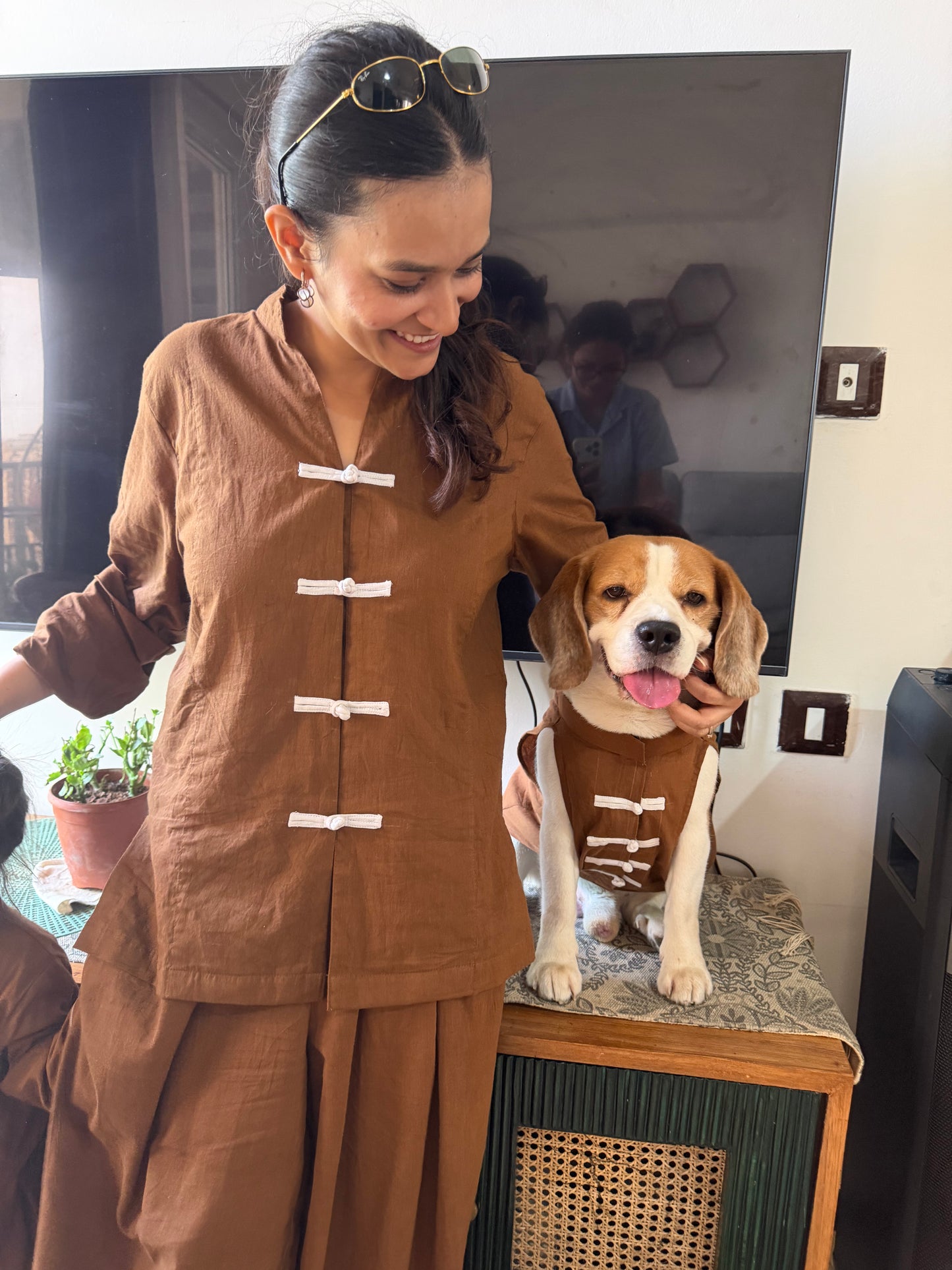Brown Mandarin Shirt Twinning Set