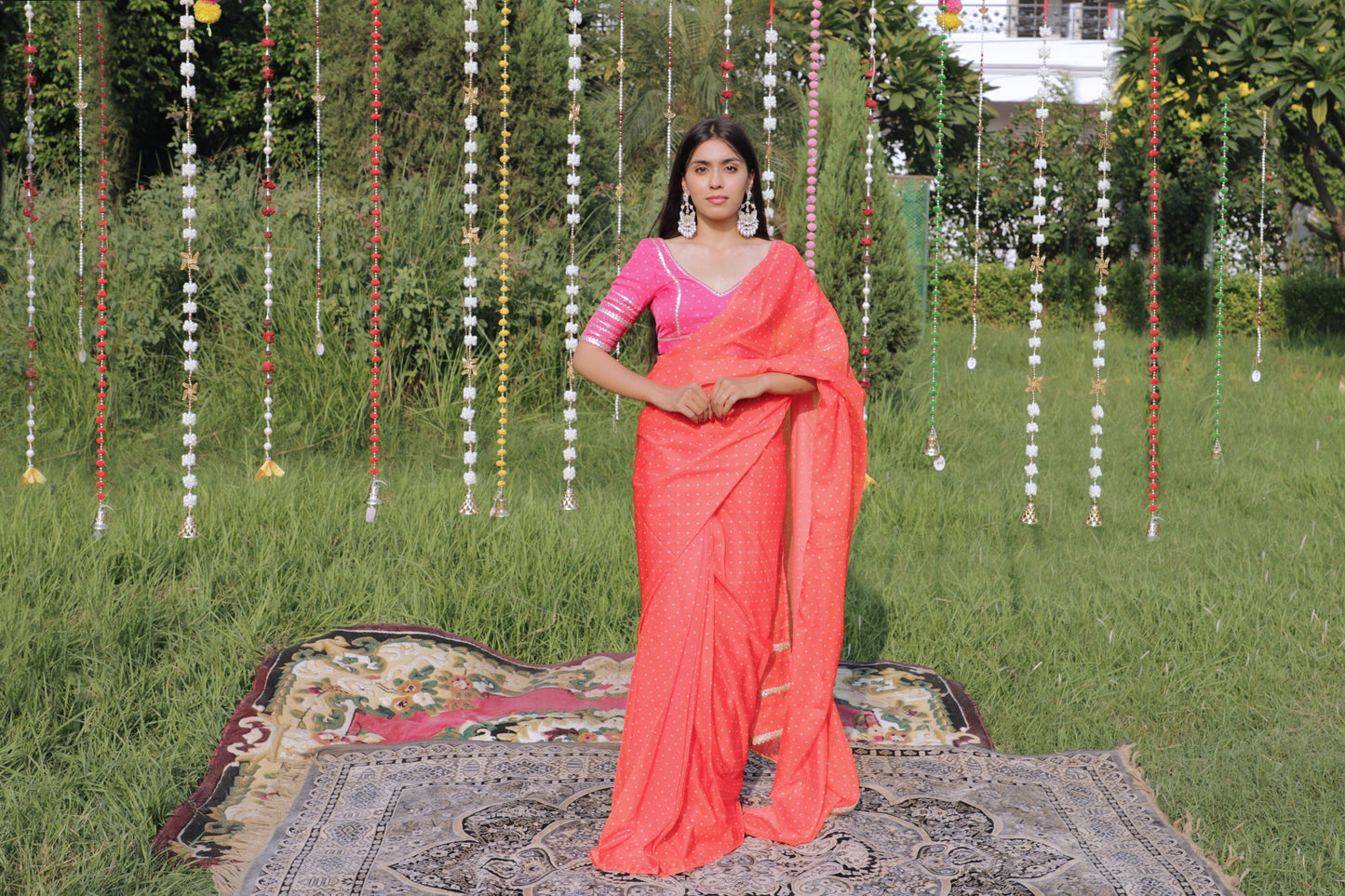 Orange Pre-pleated Saree Set