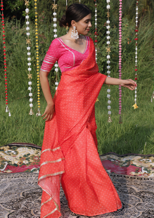 Orange Pre-pleated Saree Set