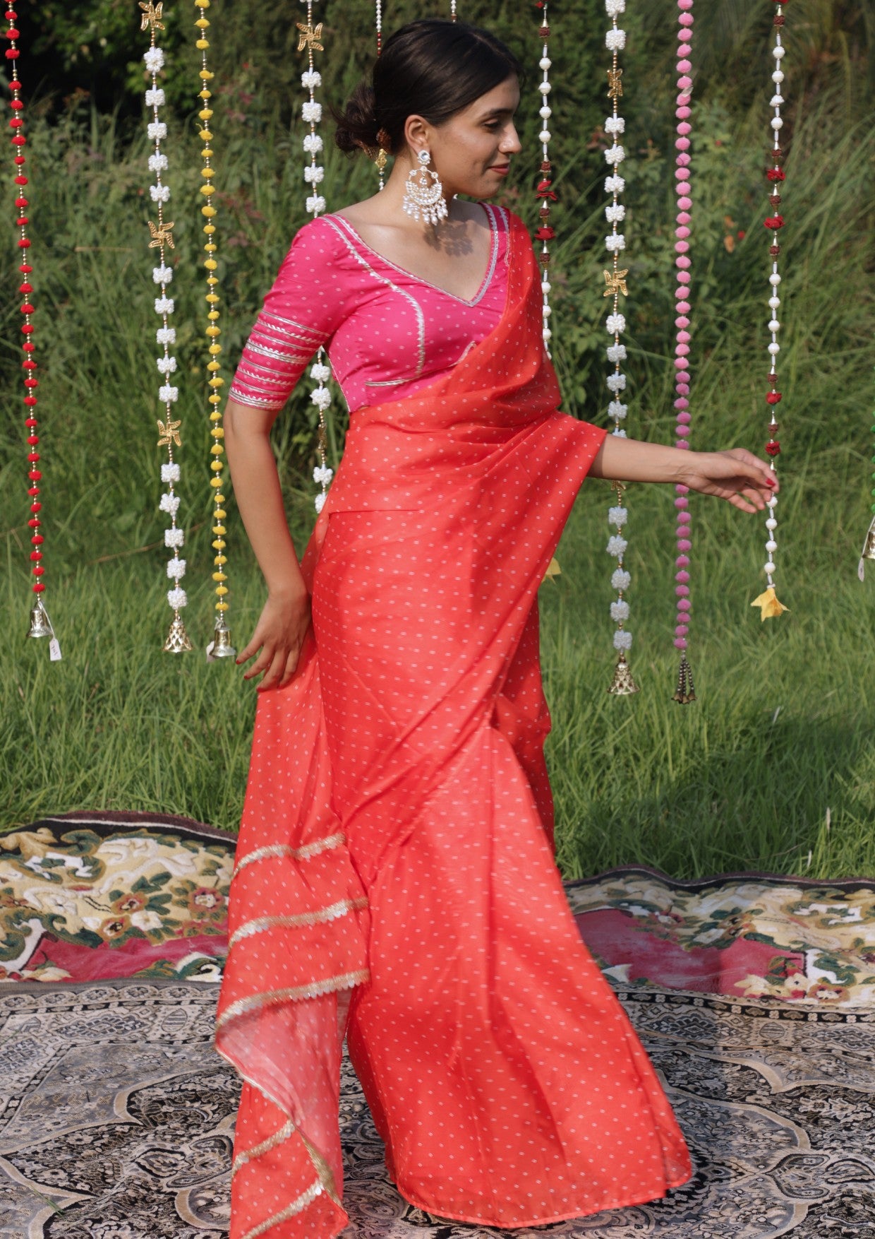 Orange Bandhani Pre-Draped Saree Twinning set