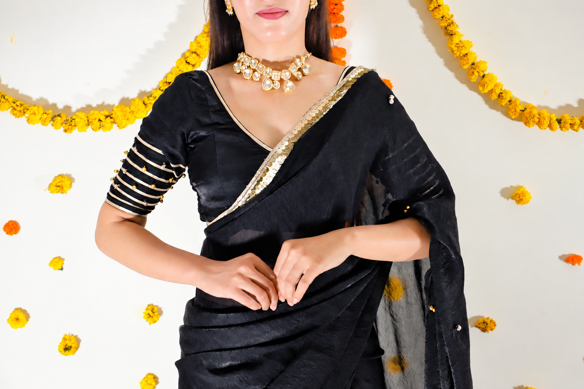 Black Pre Draped Saree set