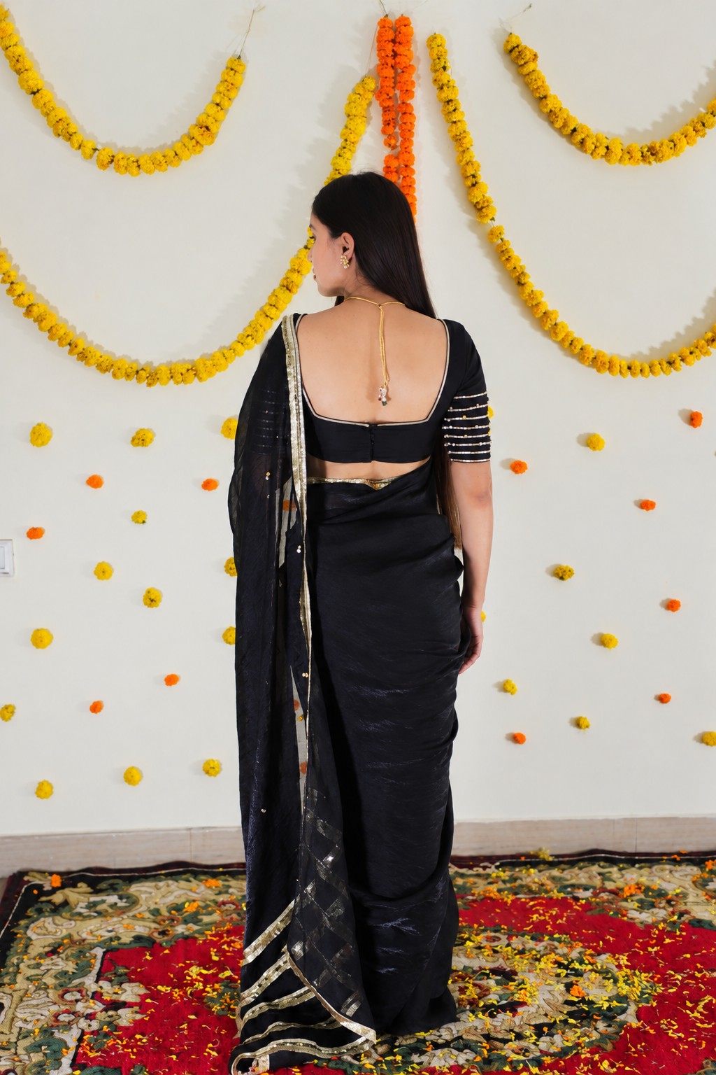 Black Pre Draped Saree set