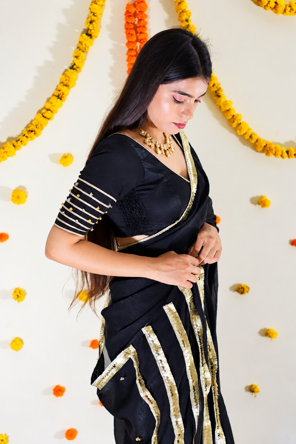 Black Pre Draped Saree set