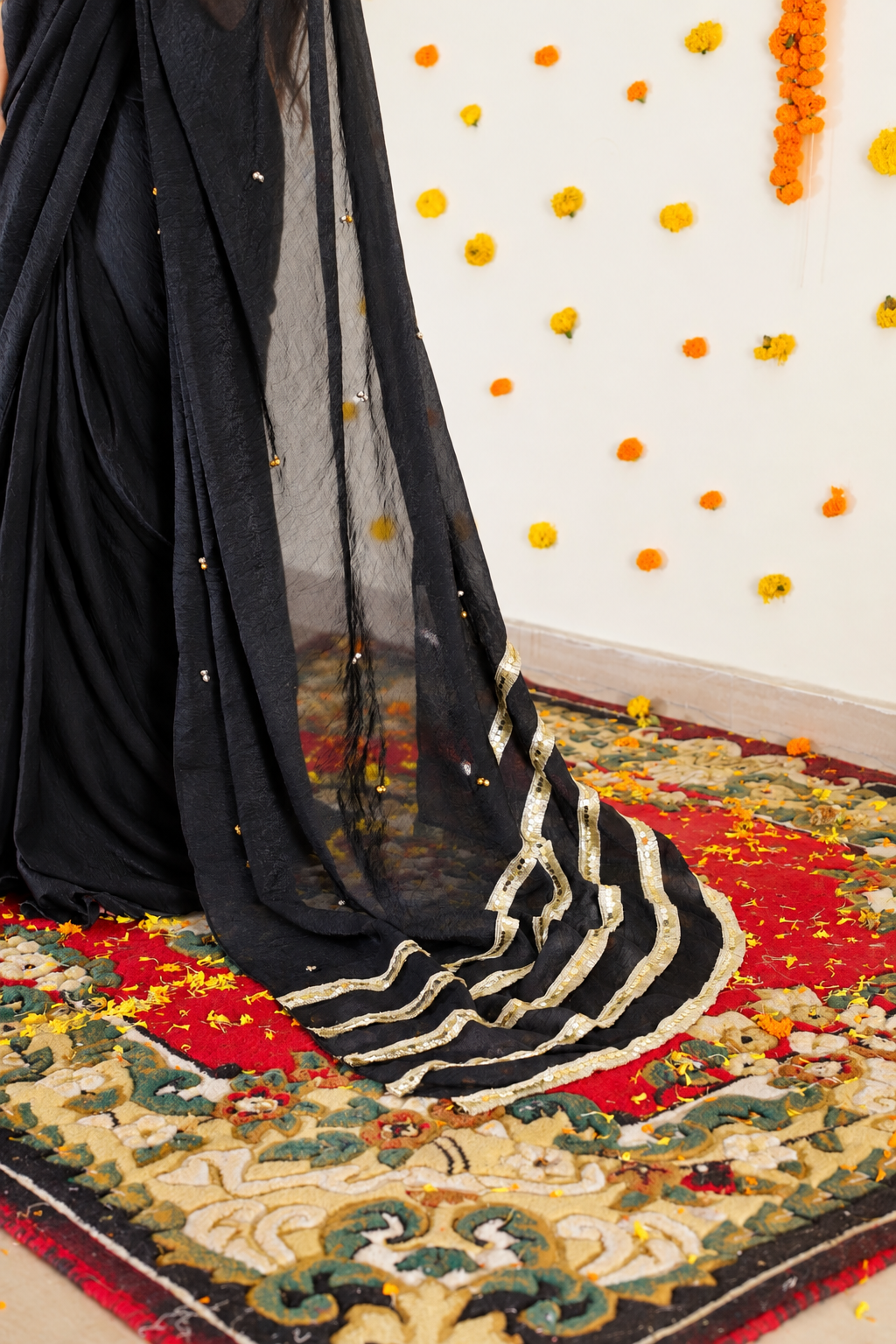 Black Pre Draped Saree set