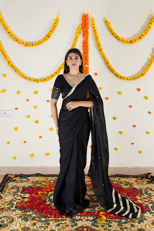 Black Pre Draped Saree set