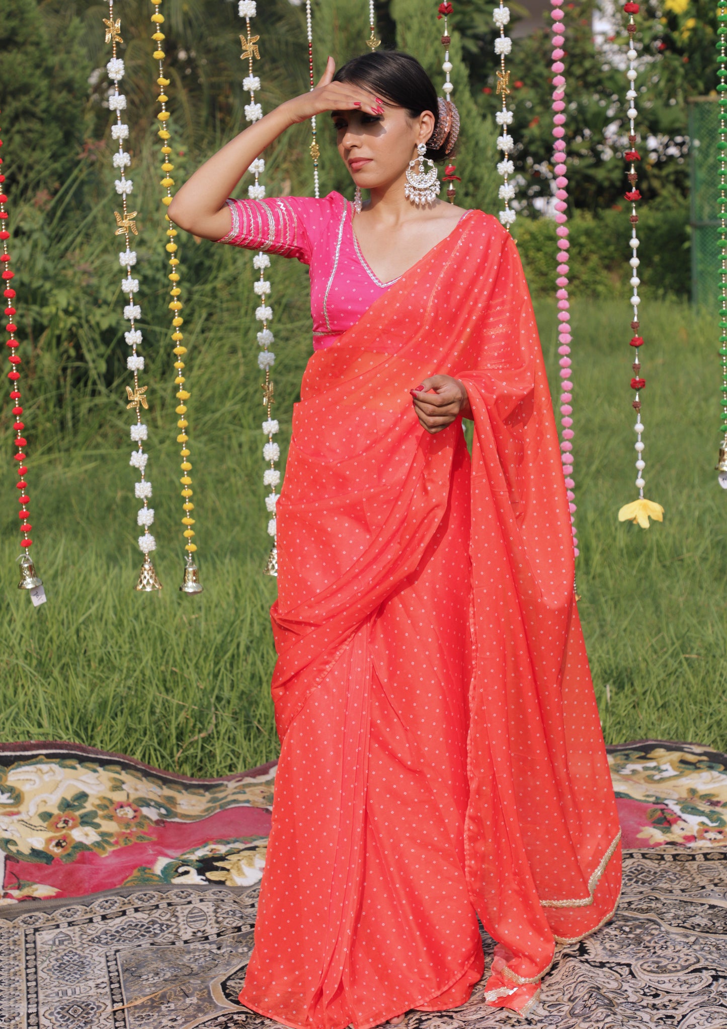 Orange Pre-pleated Saree Set