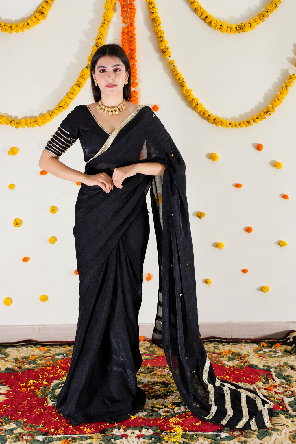 Black Pre Draped Saree set