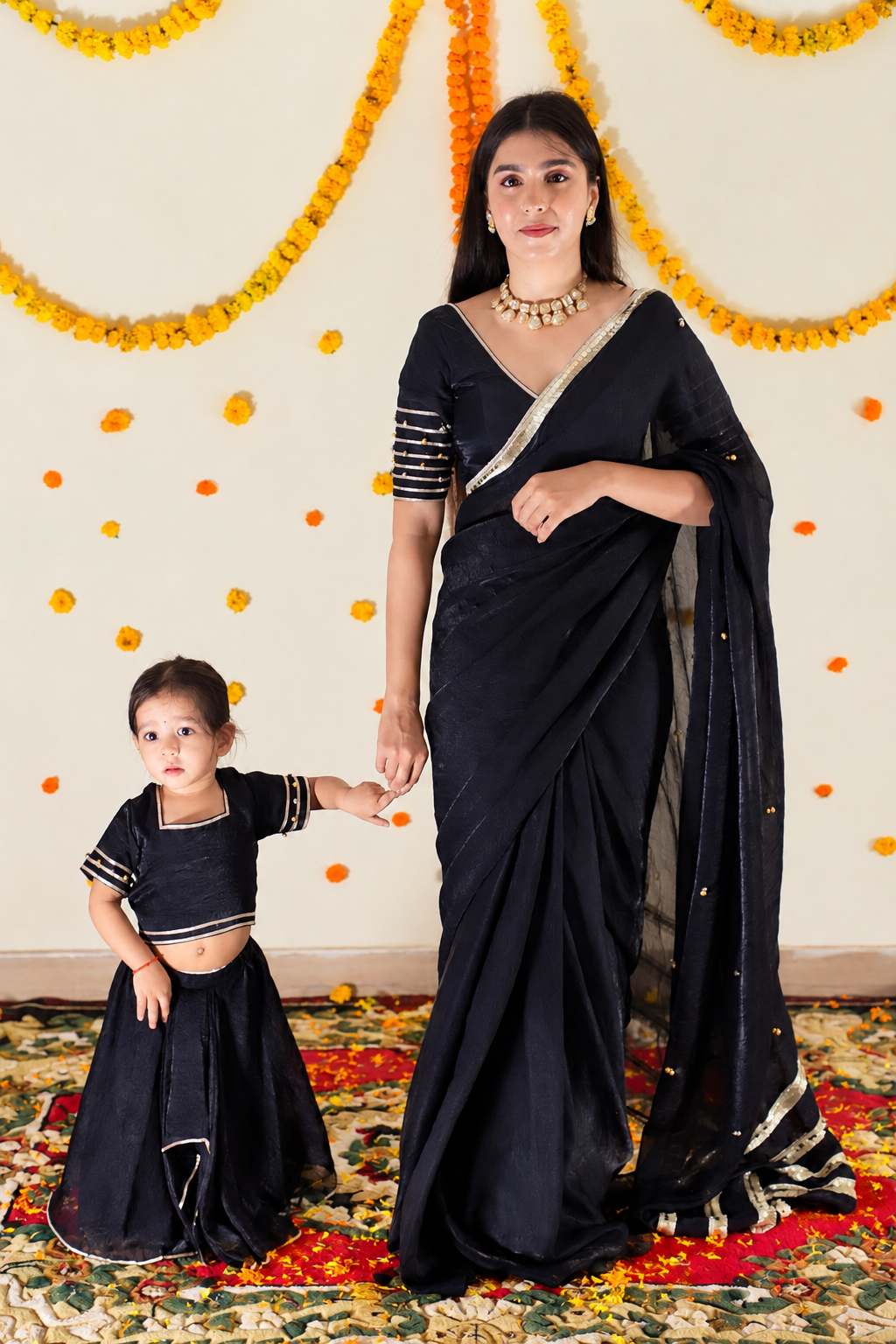 Black Pre-Draped Saree Twinning set