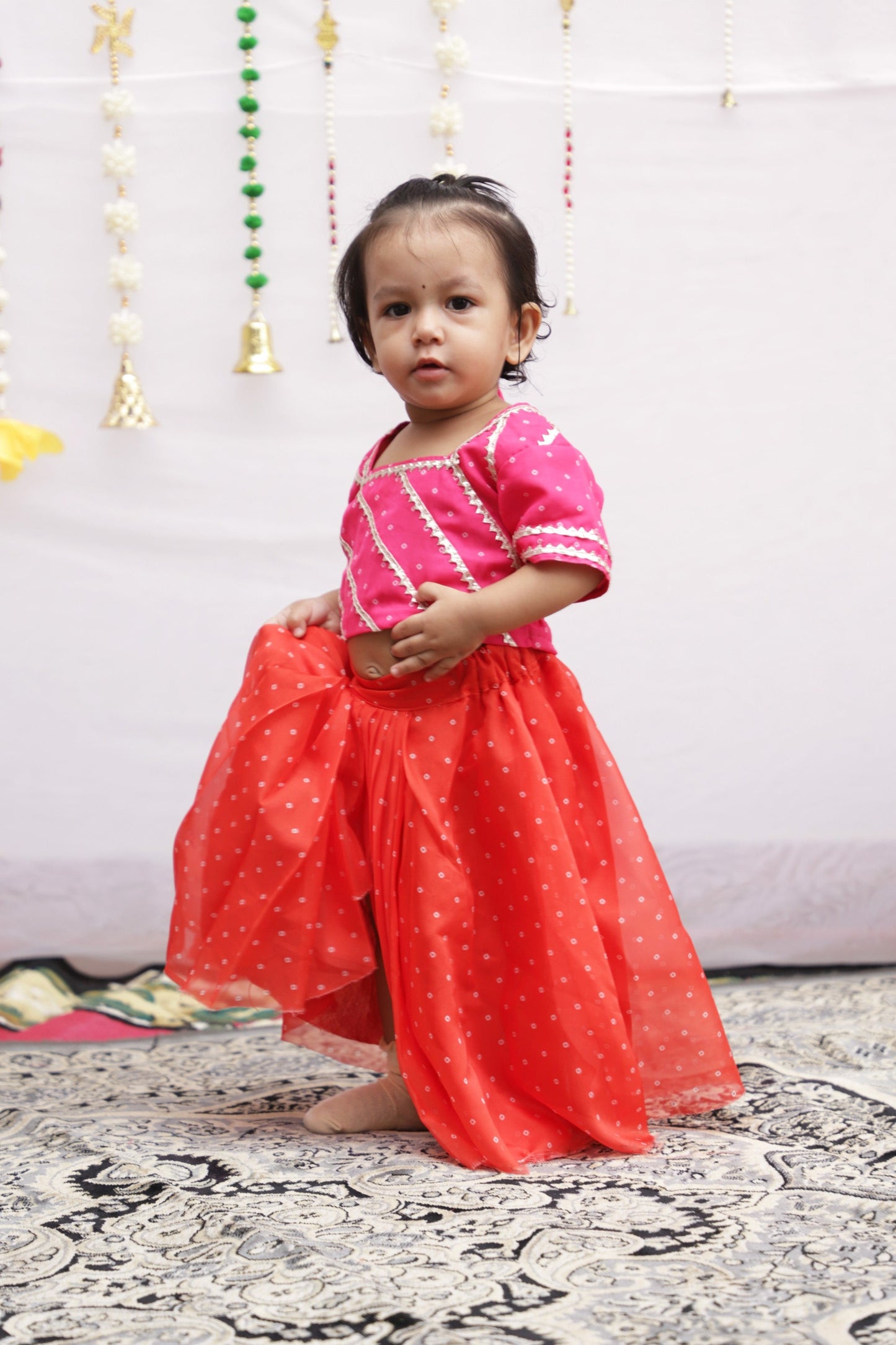 Pink-Orange Bandhani Skirt set